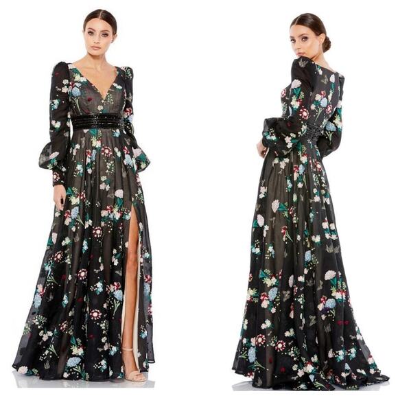Mac Duggal Women's Embroidered Bishop Sleeve V Neck Flowy Gown Size 8 NWT - Picture 1 of 13